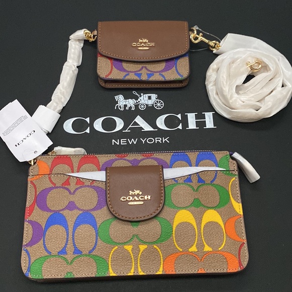 Coach Handbags - Coach Poppy Crossbody In Rainbow Signature Canvas Textile Leather Double purse